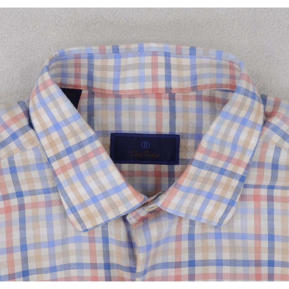 David Donahue Shirt Mens Medium Blue Pink Tan Plaid Short Sleeve Linen Blend - Picture 5 of 12